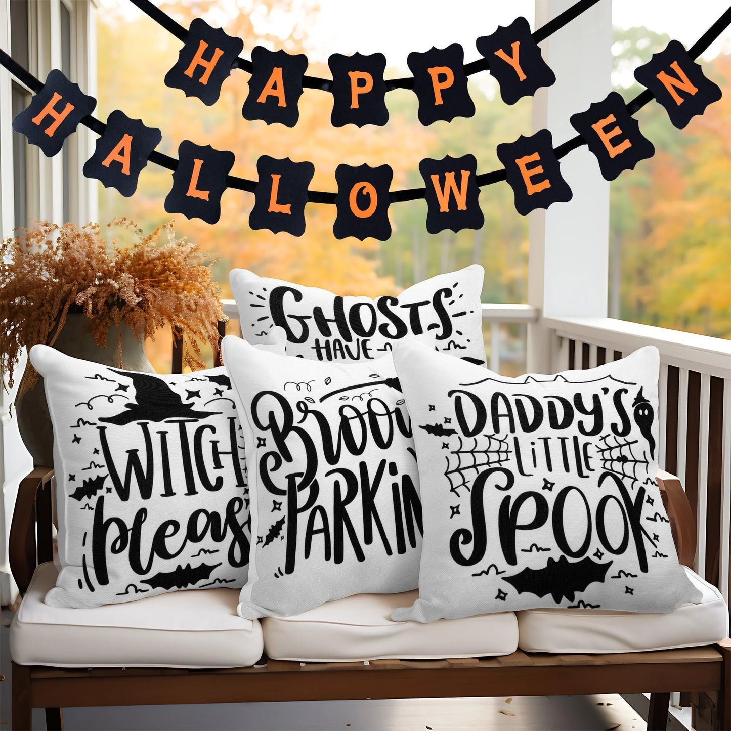 Halloween Decoration Ghost Spooky Waterproof Throw Pillow 18 X 18 in Set of 4, Beautiful Cushion Covers for Halloween Sofa Couch Decoration, Pillow Insert Included