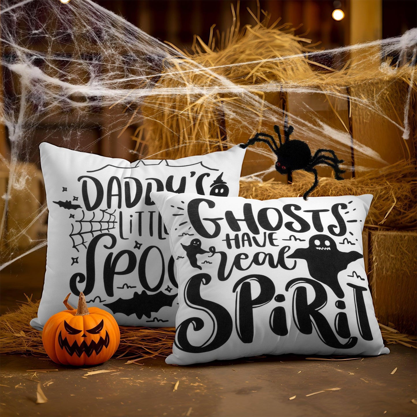 Halloween Decoration Ghost Spooky Waterproof Throw Pillow 18 X 18 in Set of 4, Beautiful Cushion Covers for Halloween Sofa Couch Decoration, Pillow Insert Included
