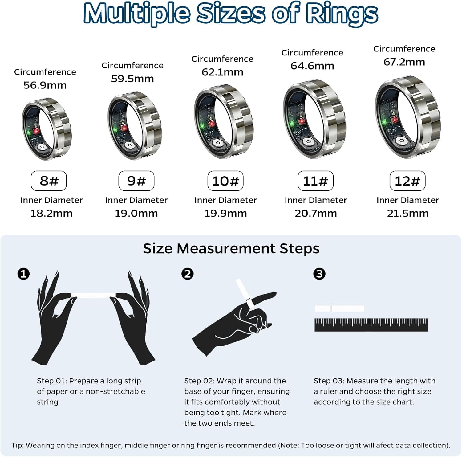 Smart Ring Health Tracker, Sleep Tracker Ring with Heart Rate,Waterproof Fitness Ring for Activity Monitoring/Steps/Distance/Calories,Air Gestures,Up to 7Day Battery,For Ios Android(Stylish Silver#10)