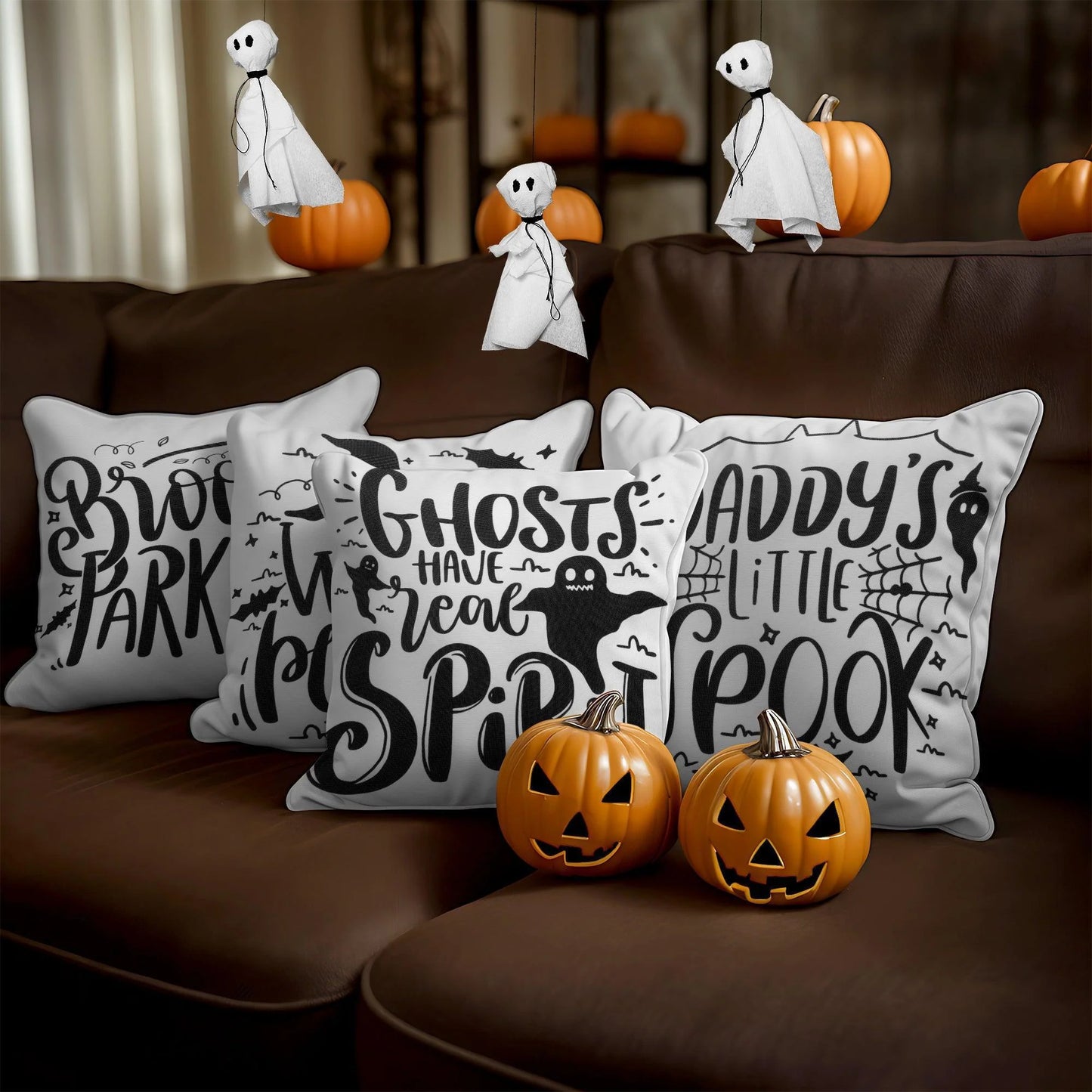 Halloween Decoration Ghost Spooky Waterproof Throw Pillow 18 X 18 in Set of 4, Beautiful Cushion Covers for Halloween Sofa Couch Decoration, Pillow Insert Included